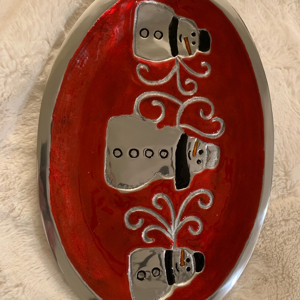 Festive Red and Shiny Silver Snowman Platter